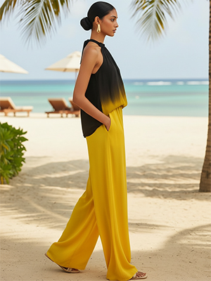 Lazy Island Vacation Black And Yellow Gradient Halter Neck Top And Wide-Leg Pants Set