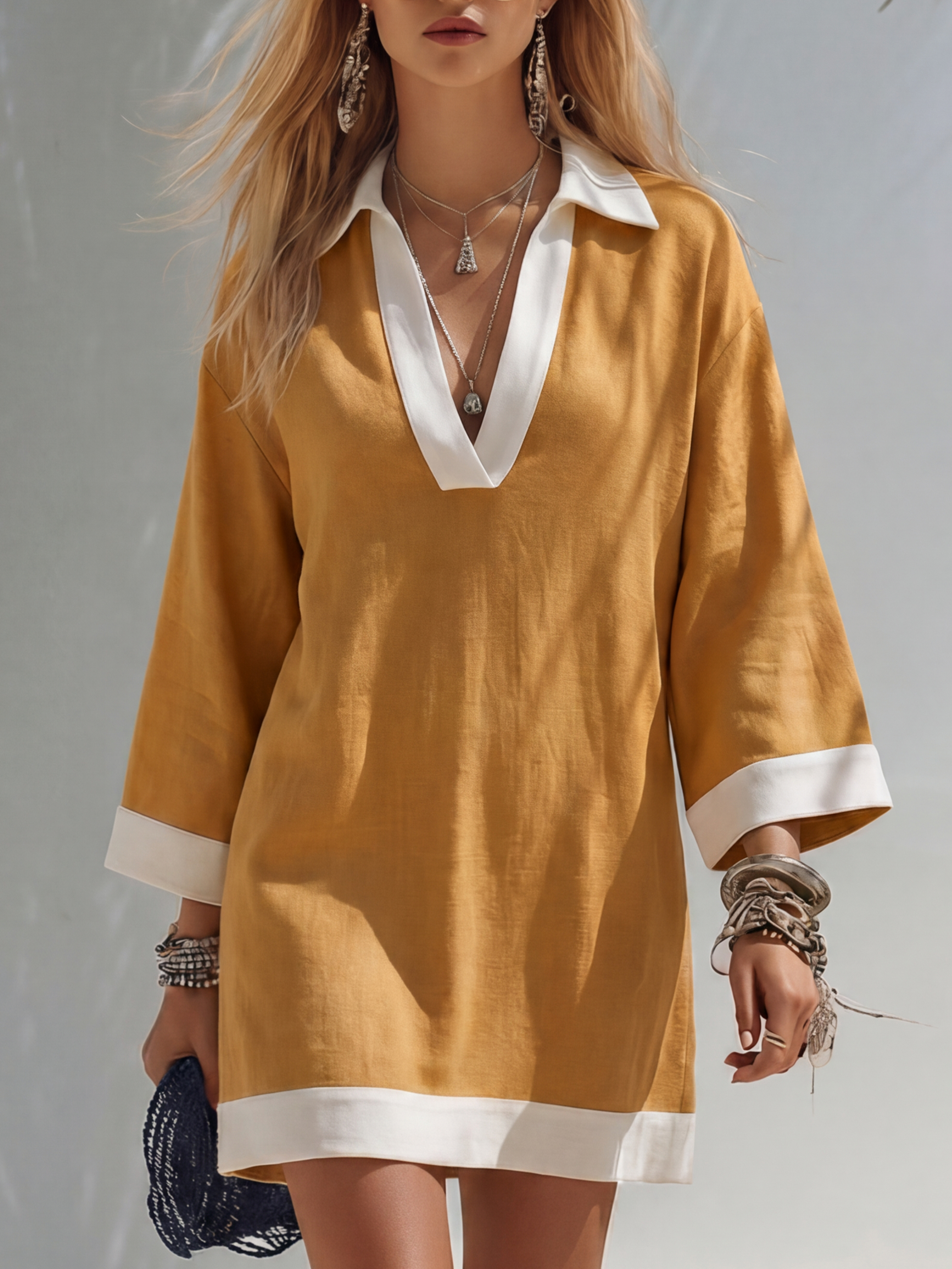 Bohemian Vacation Style White-trimmed Collared Yellow Mini Dress