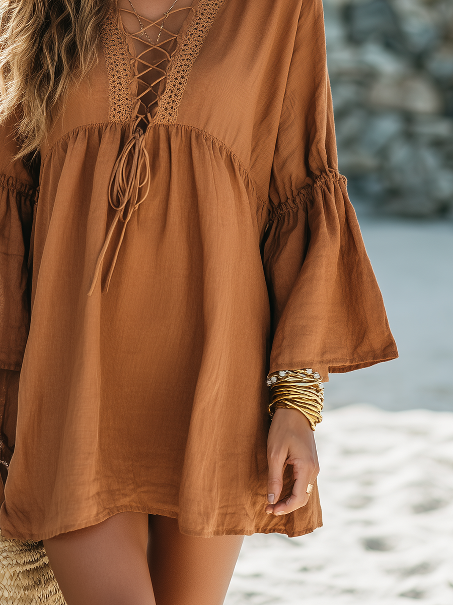 Bohemian V-Neck Lace Trim And Tie-Detail Flared Sleeves Mini Dress