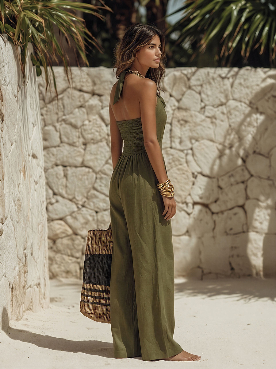 Minimalist Vacation Cotton-Linen Sleeveless Cowl-Neck Wide-Leg Jumpsuit