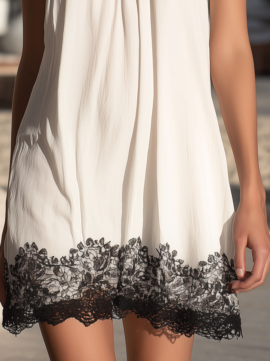 Vacation-Style Wide Straps White And Black Lace Paneling Mini Dress