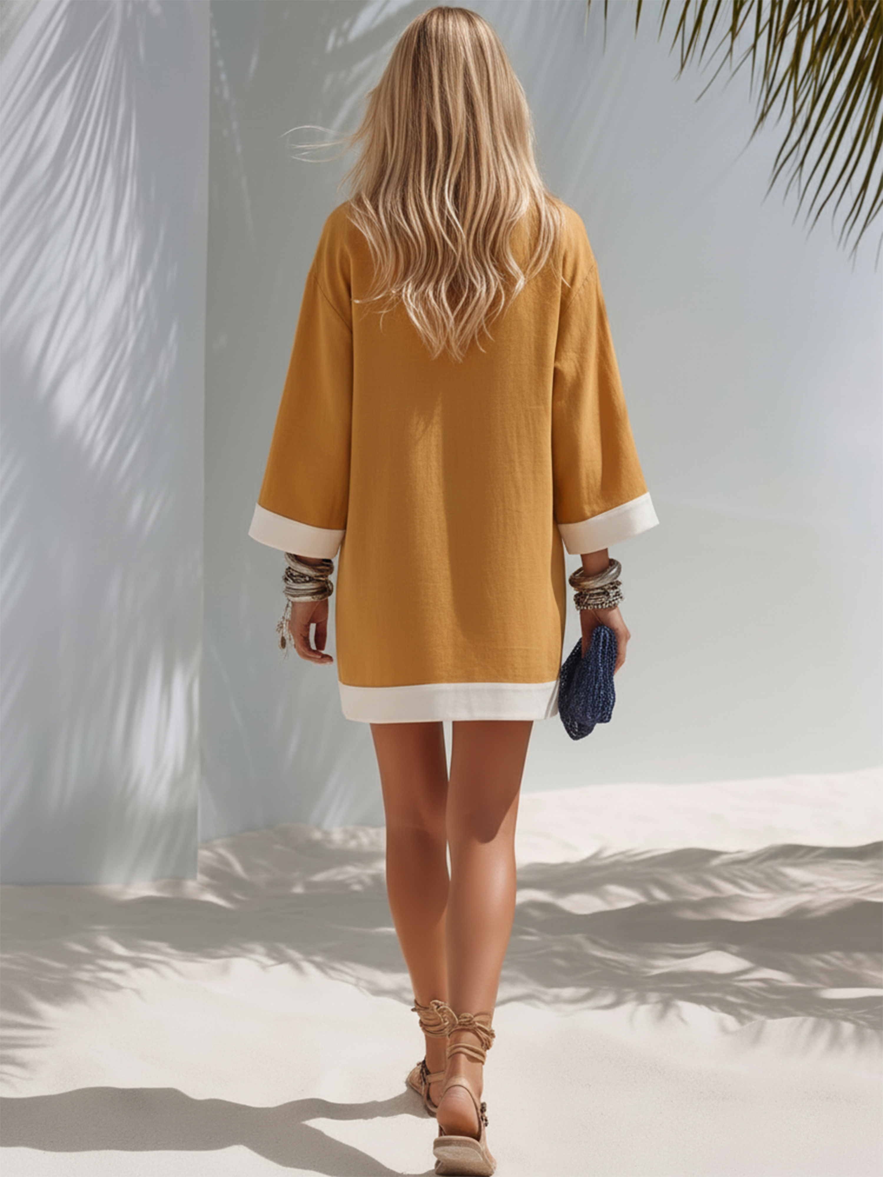 Bohemian Vacation Style White-trimmed Collared Yellow Mini Dress