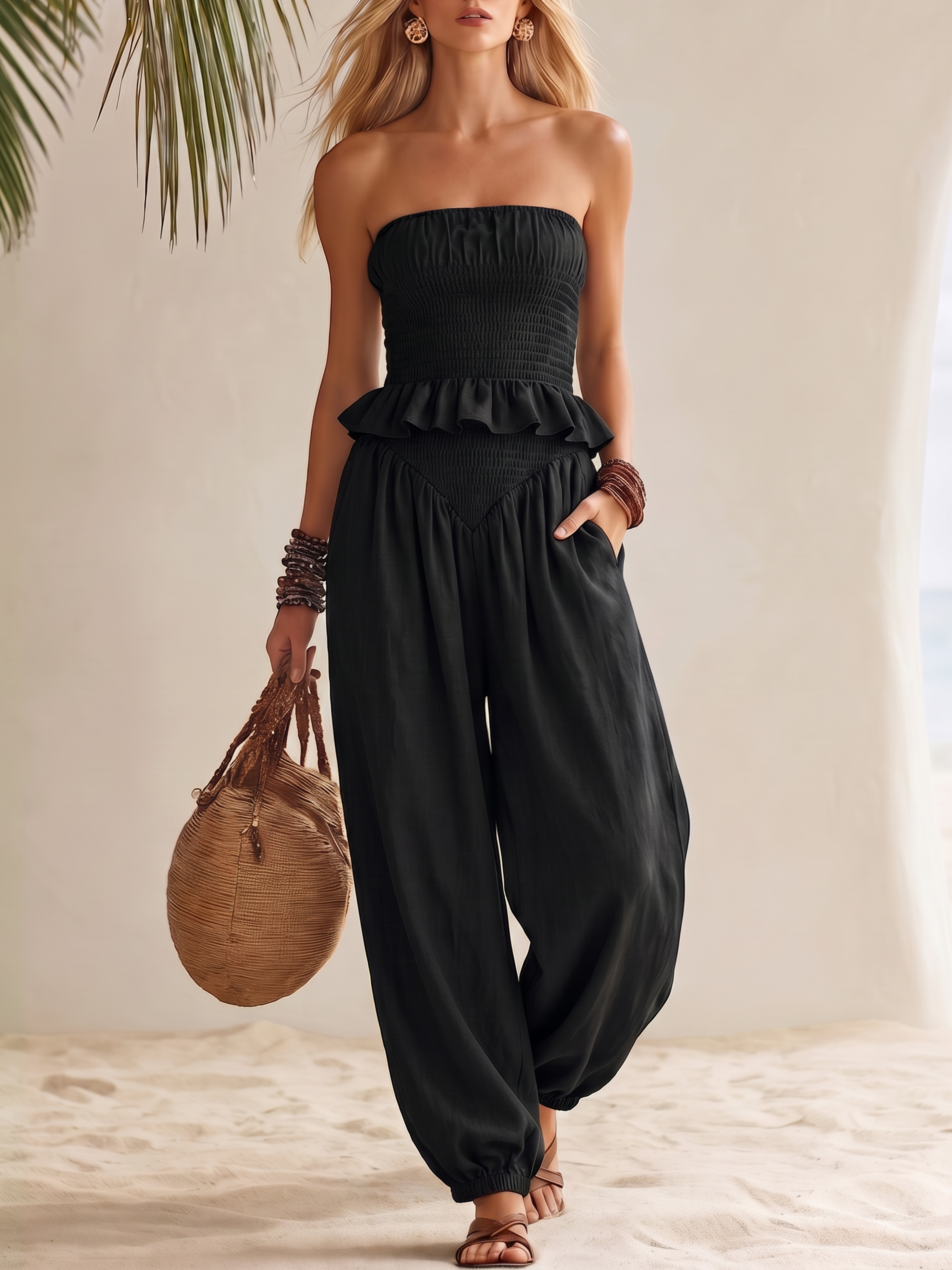 Bohemian Vacation Style Black Strapless Ruffled Top And Loose Harem Pants Set