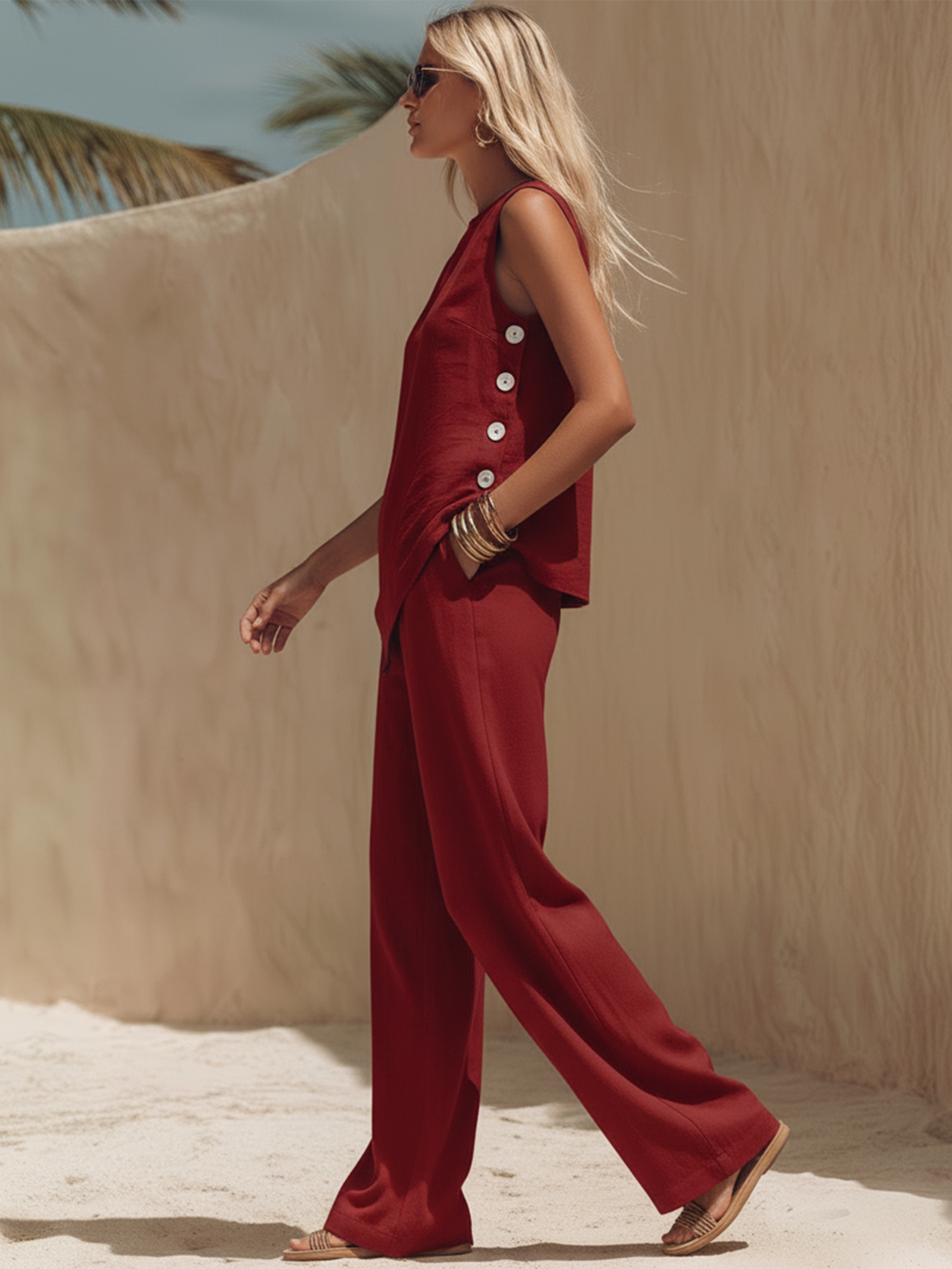 Bohemian Style White Button-down Red Irregular Sleeveless Top And Trousers Set