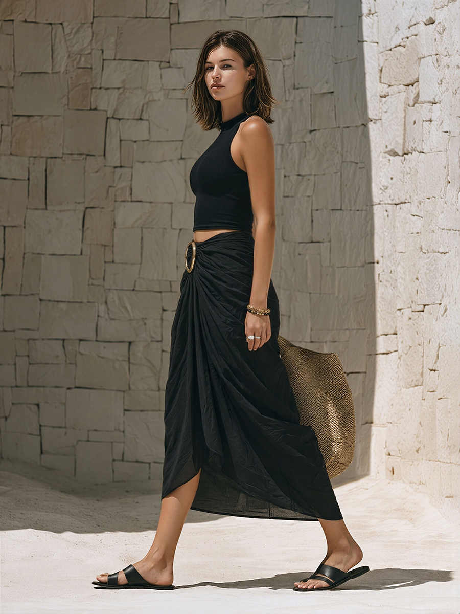 Chic Old Money Sleeveless Knit Top And Pleated Cotton Skirt Set