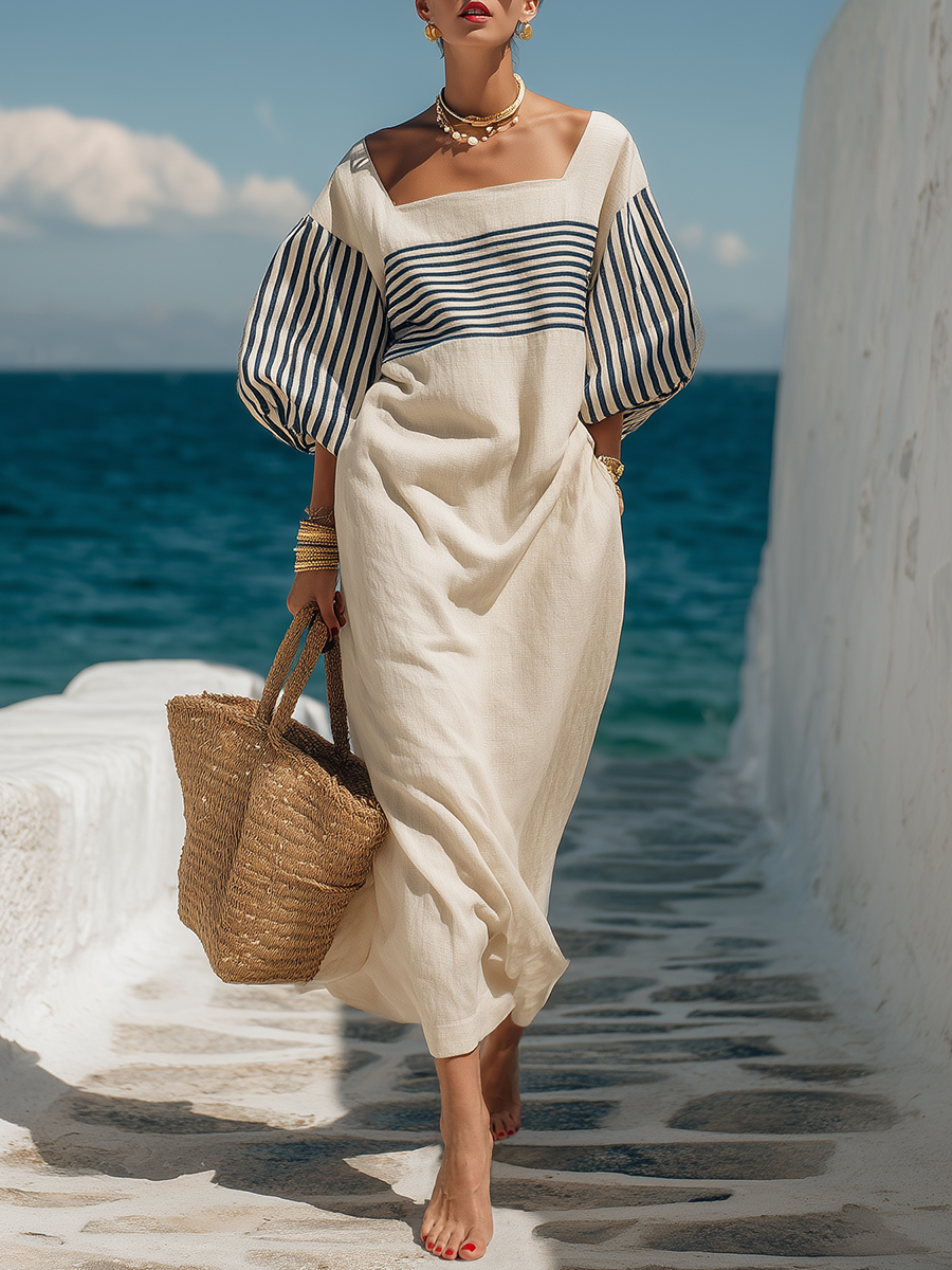 Vacation Square Neck Striped Short Sleeve Beige Cotton-Linen Maxi Dress