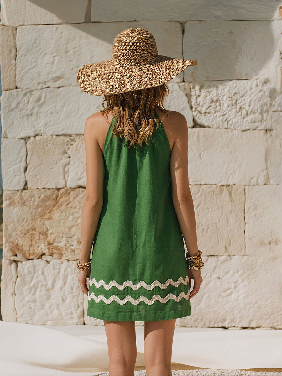 Vacation-Style Sleeveless White Wavy Trim Green Cotton-Linen Mini Dress
