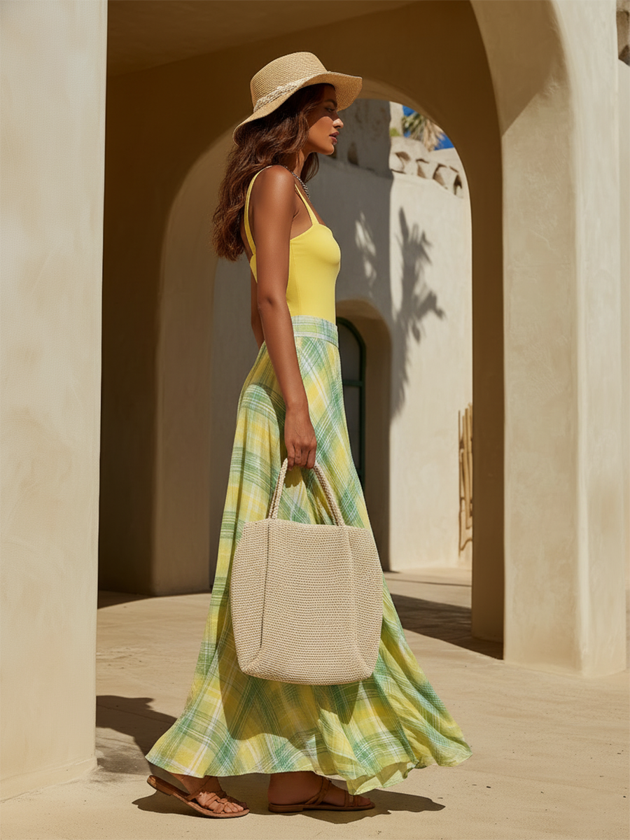 Vacation-Style Fashion Vest And Plaid Maxi Skirt Set