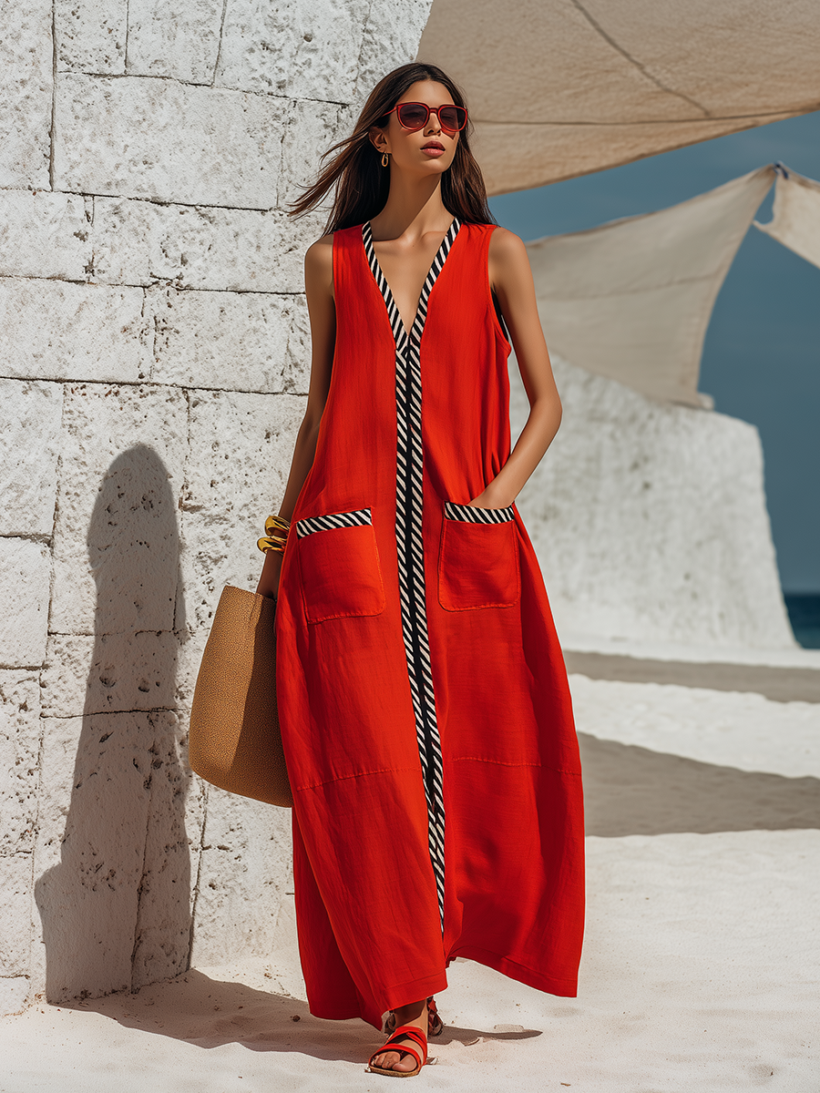 Vacation V-Neck Black And White Color Block Sleeveless Red Cotton-Linen Maxi Dress