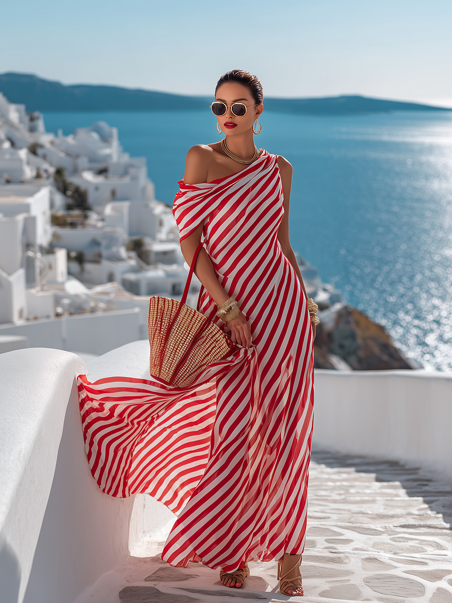 Chic Vacation One-Shoulder Red White Striped Chiffon Maxi Dress