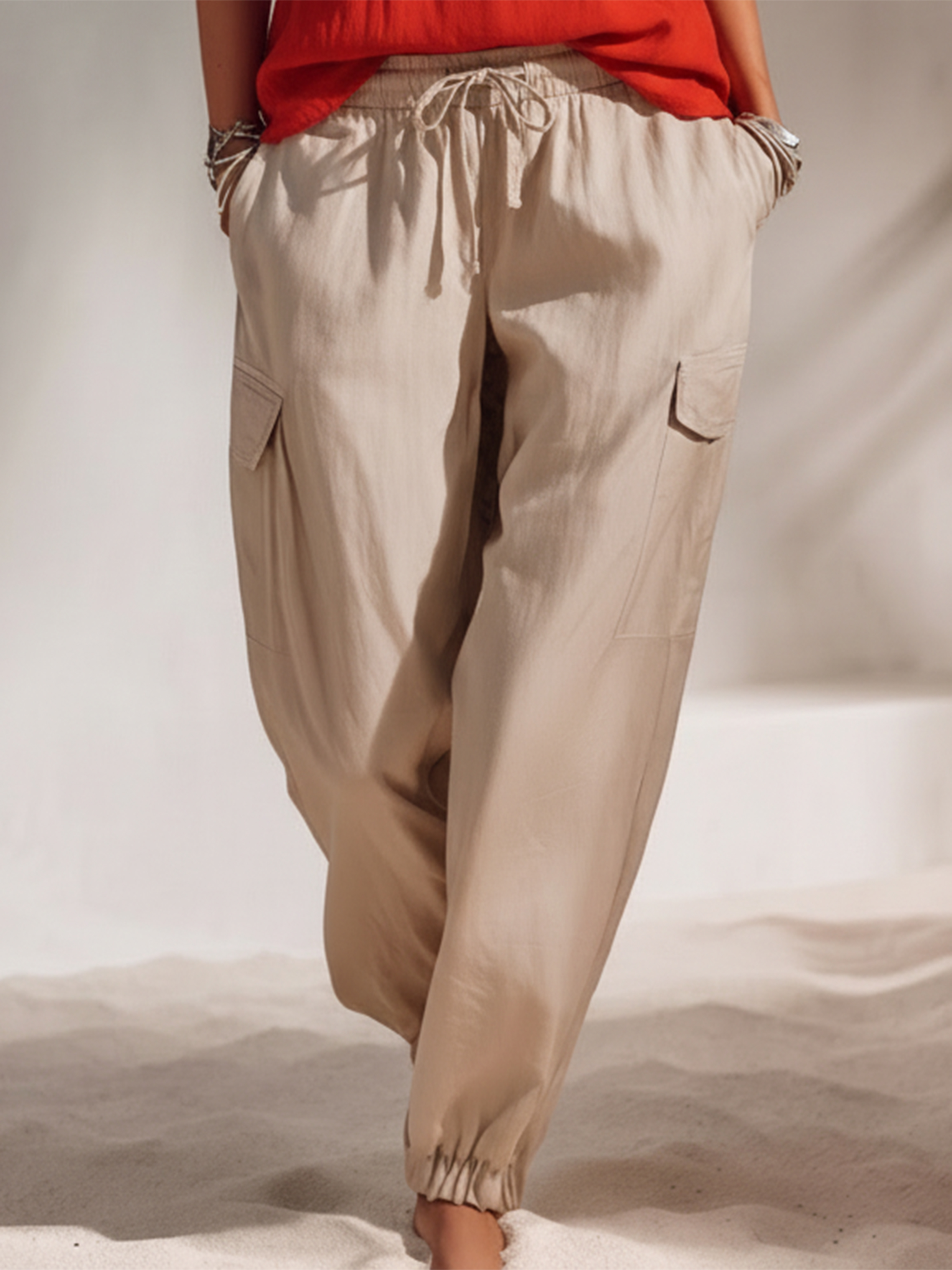 Bohemian Resort Style Beige Jogger Pants
