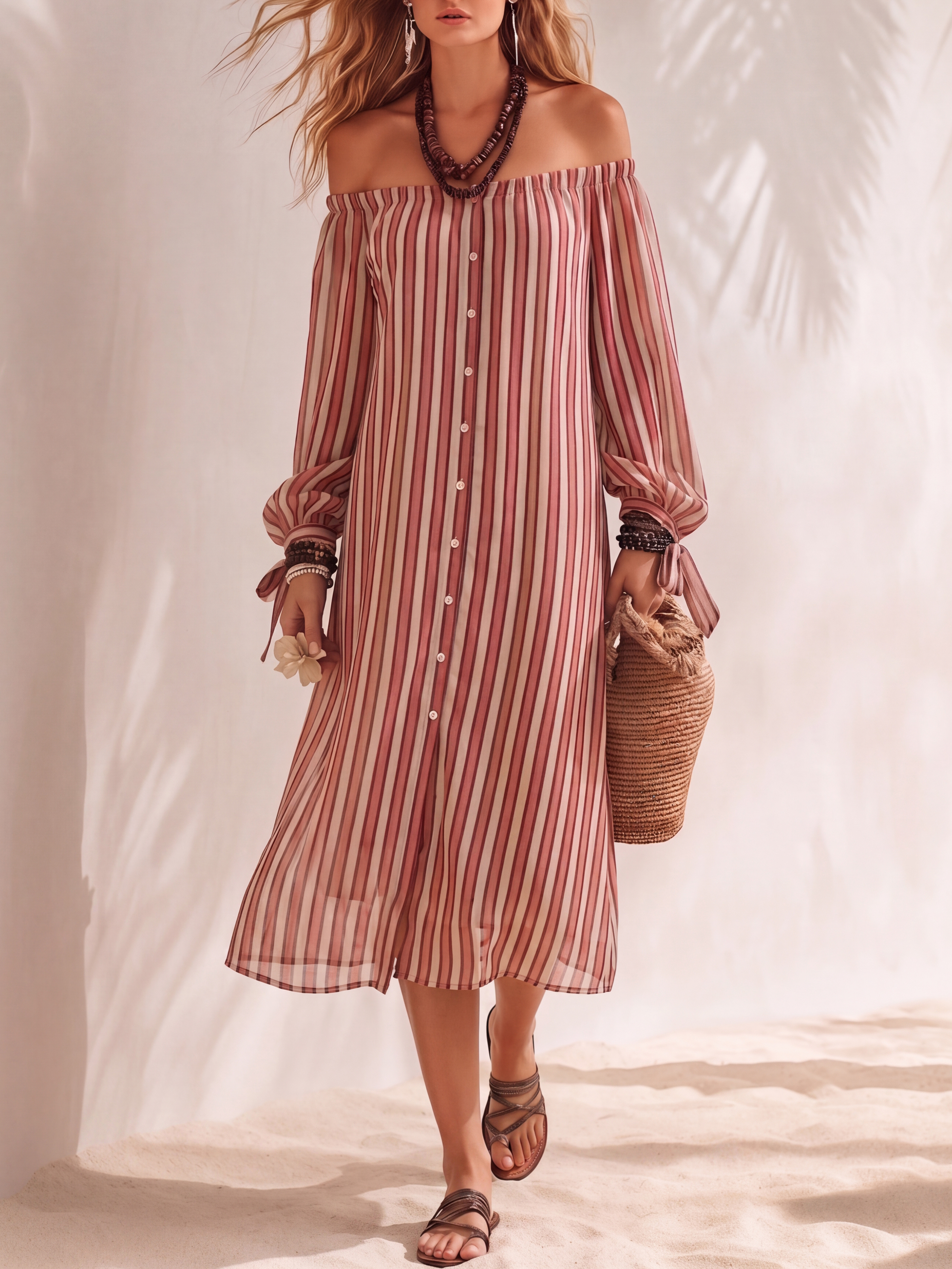 Bohemian Resort Style Off-the-shoulder Button-down Striped Chiffon Print Midi Dress