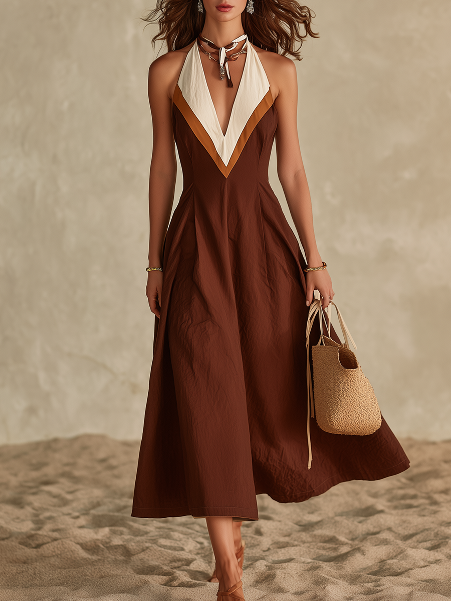 Vacation-Style Brown Sleeveless V-Neck Maxi Dress
