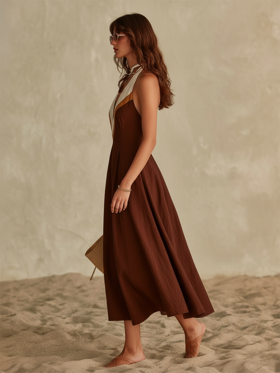 Vacation-Style Brown Sleeveless V-Neck Maxi Dress
