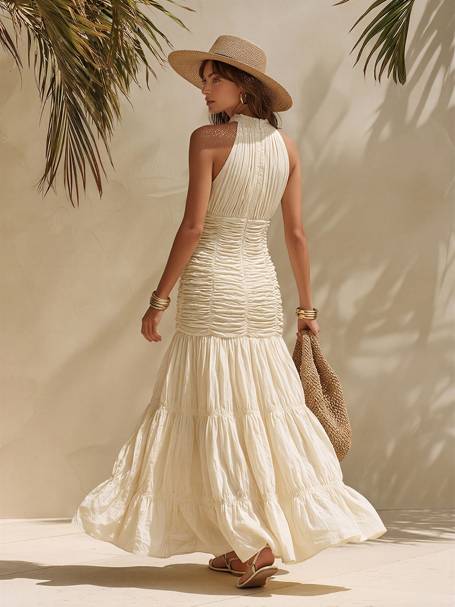 Bohemian Sleeveless Pleated Fishtail Ecru Cotton Maxi Dress