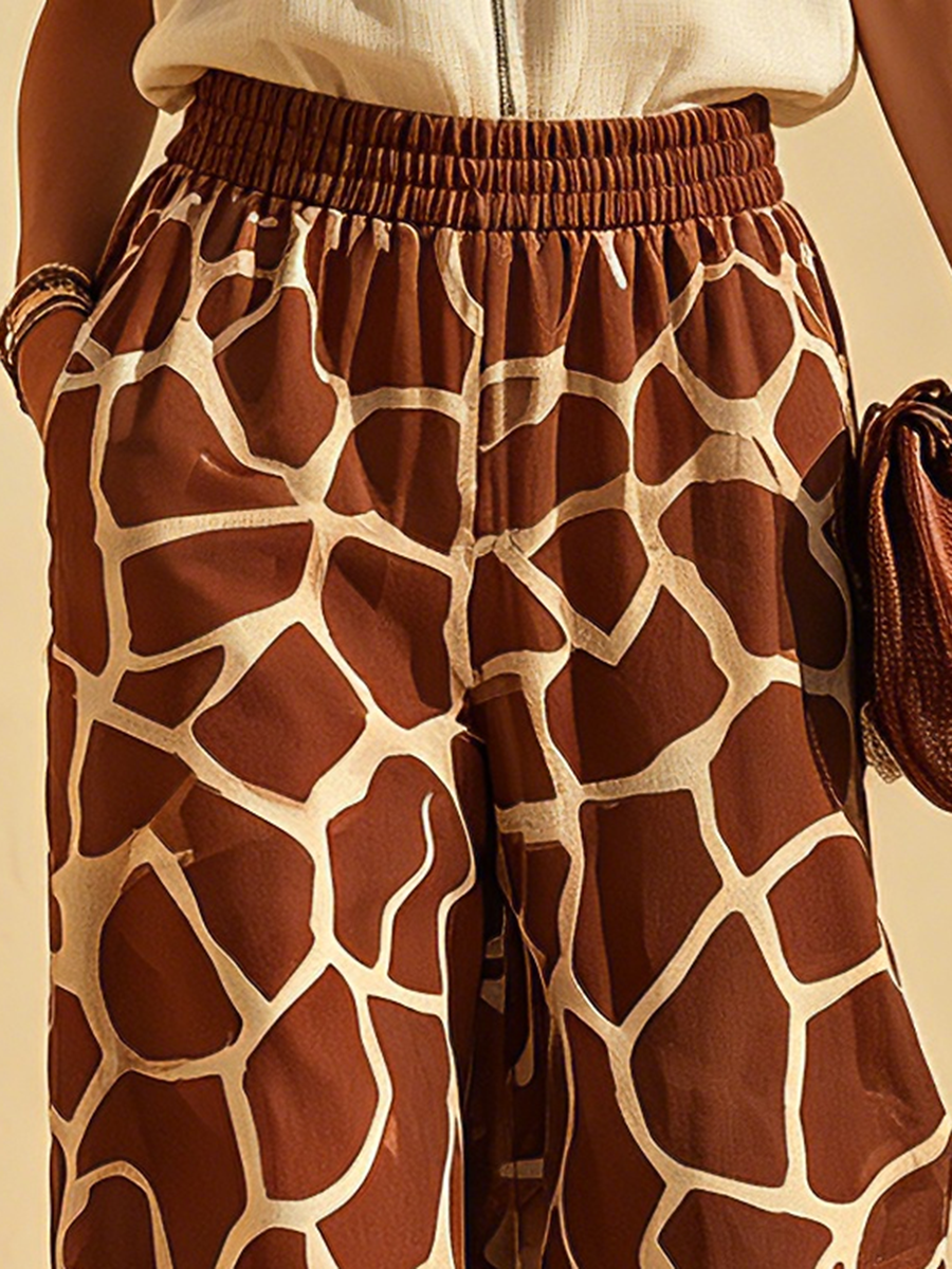 Vacation-Style Brown Giraffe Print Chiffon Loose-Fit Trousers