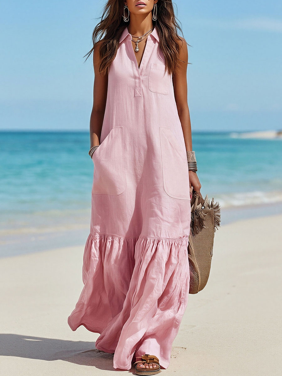Vacation-Style Collared Sleeveless Solid-Color Maxi Dress