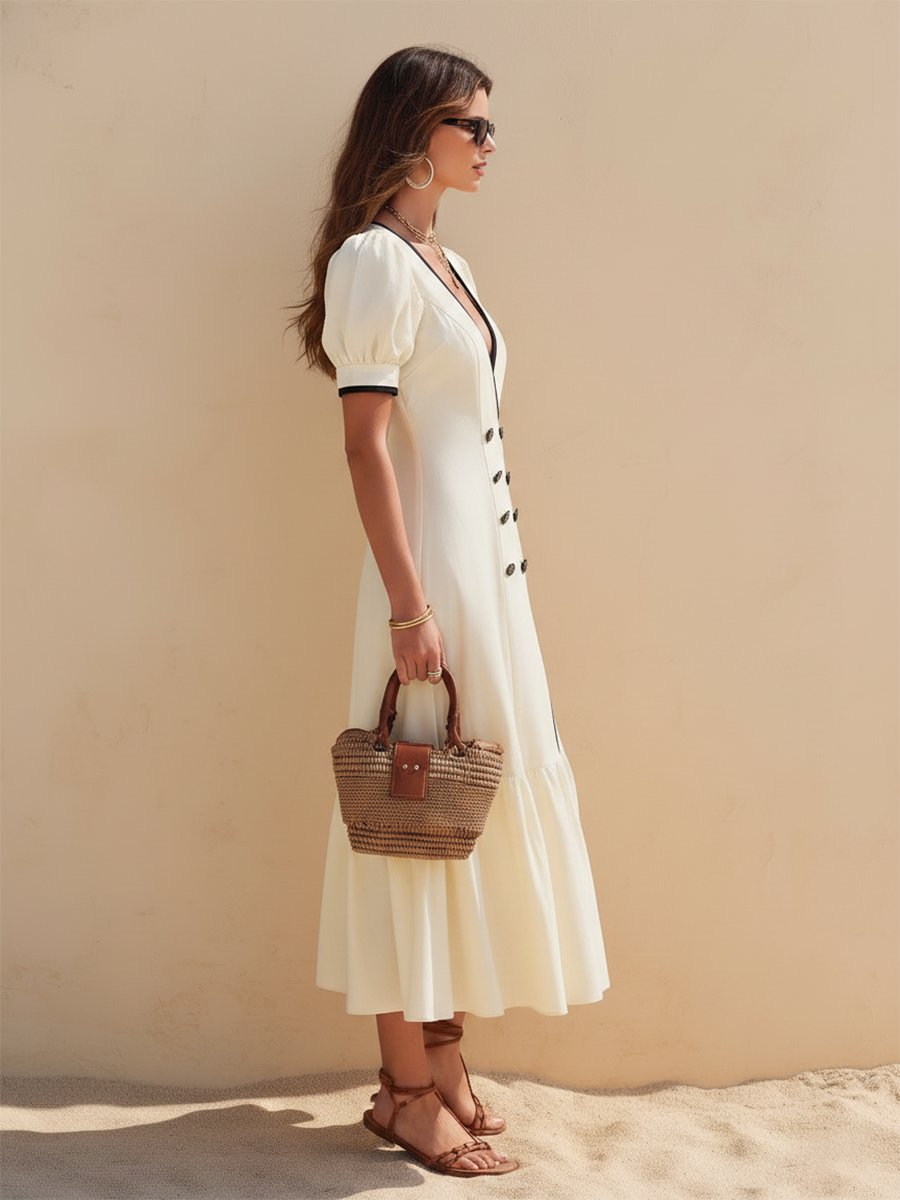 Vacation-Style Off-White V-Neck Short-Sleeve Button-Front Maxi Dress