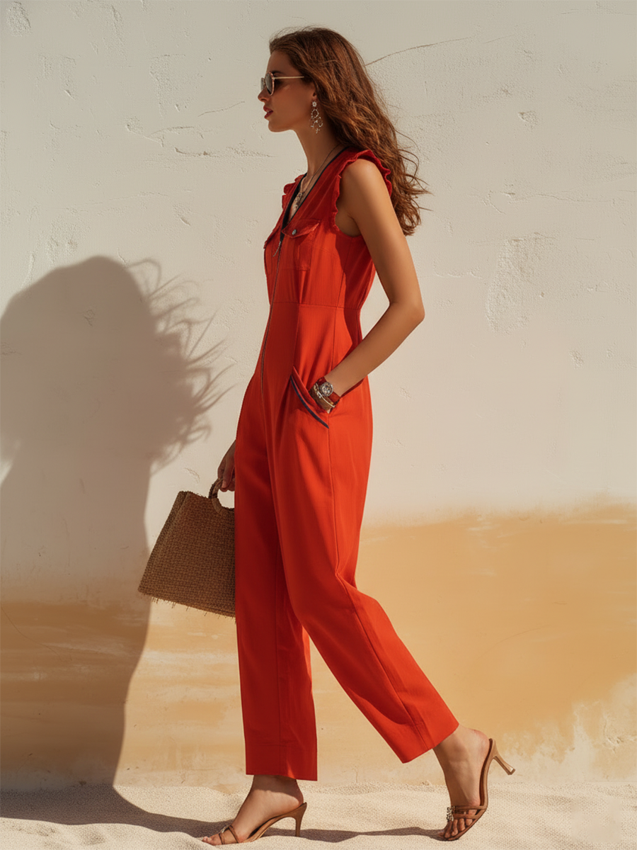 Vacation-Style Zipper Pockets Sleeveless Red Jumpsuit