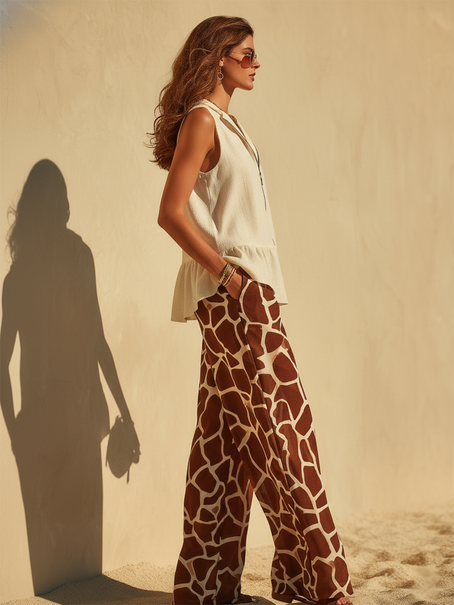 Vacation-Style Off-White Loose-Fit Sleeveless Zip-Up Vest