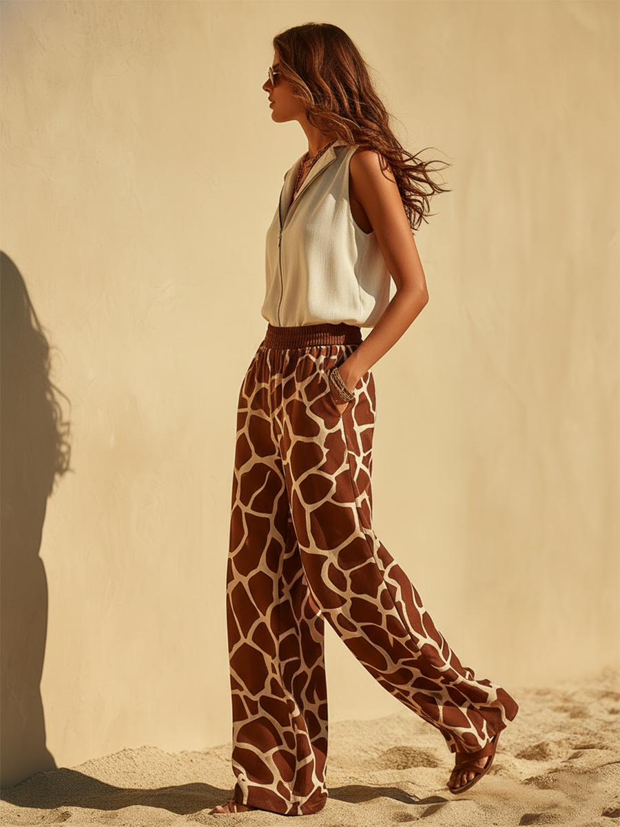 Vacation-Style Brown Giraffe Print Chiffon Loose-Fit Trousers