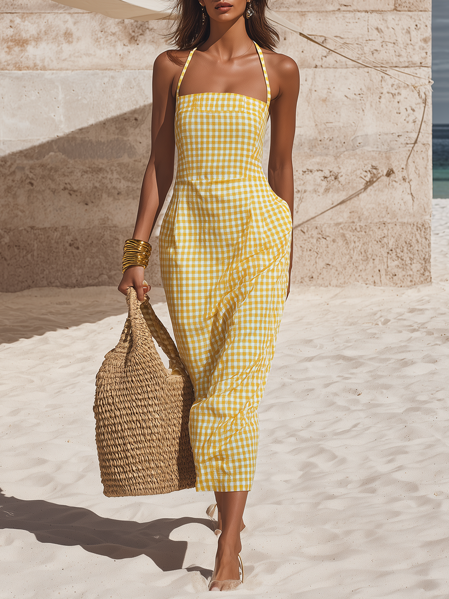Minimalist Vacation Thin Straps Yellow Plaid Cotton Maxi Dress