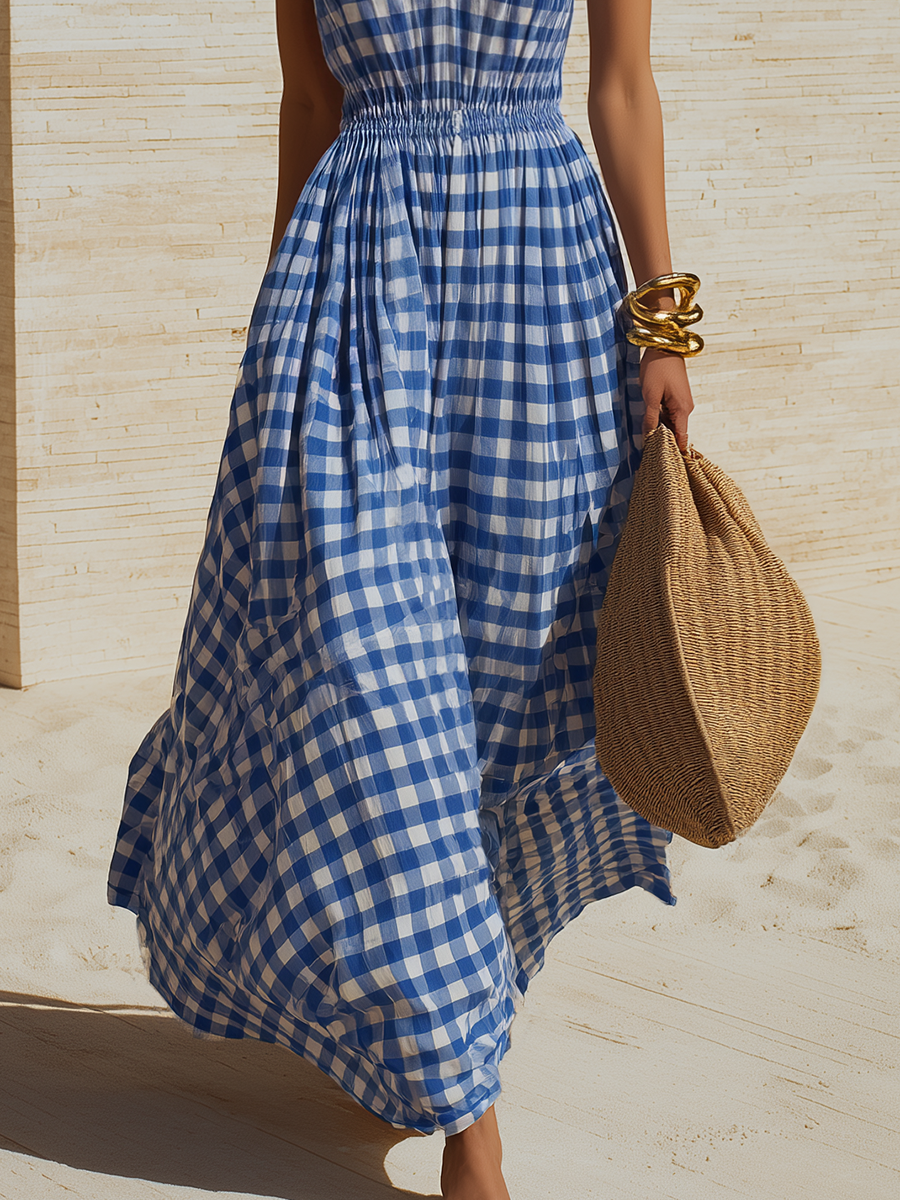 Minimalist Vacation-Style V-Neck Sleeveless Yellow Plaid Cotton Maxi Dress