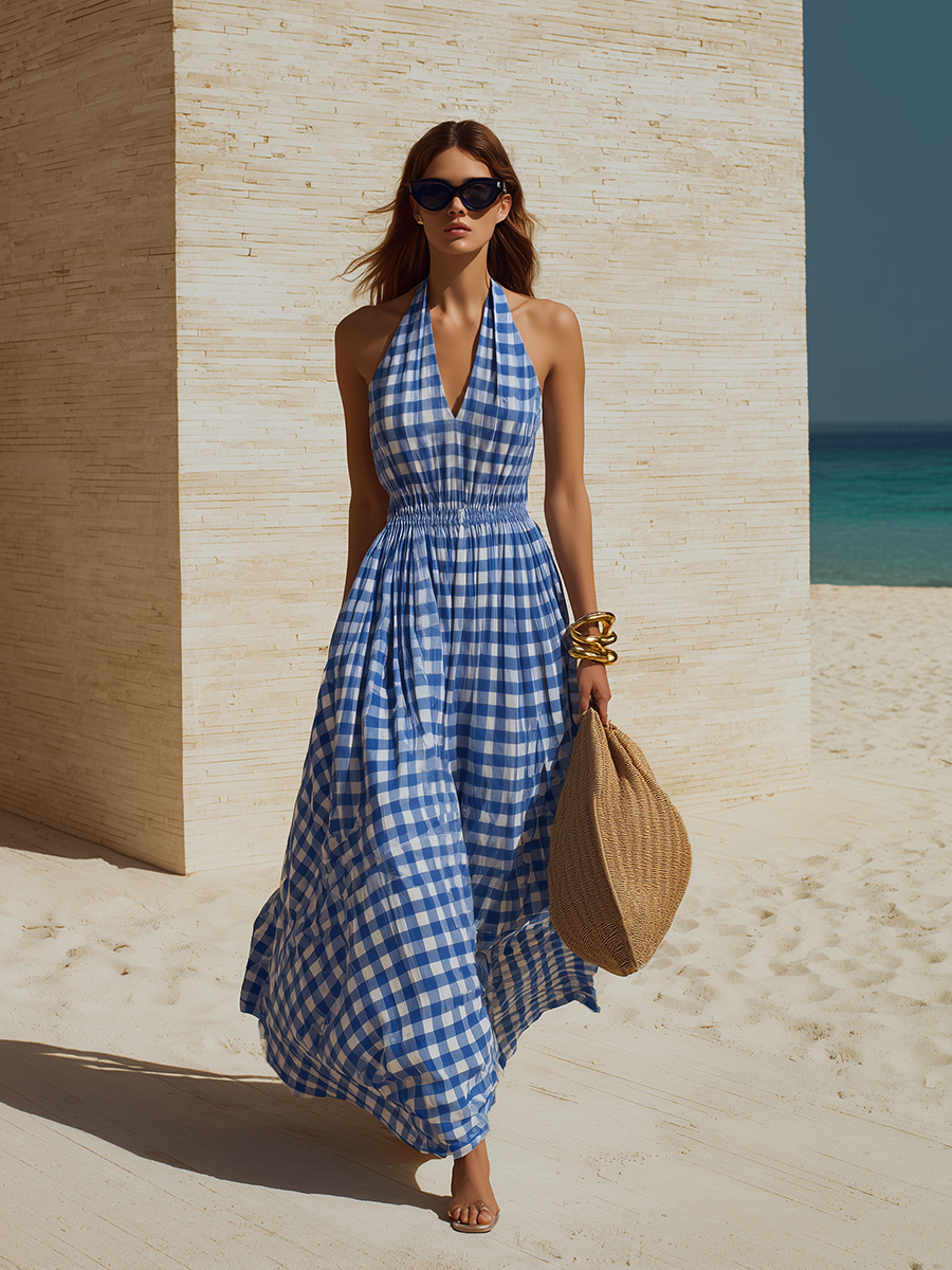 Minimalist Vacation-Style V-Neck Sleeveless Yellow Plaid Cotton Maxi Dress