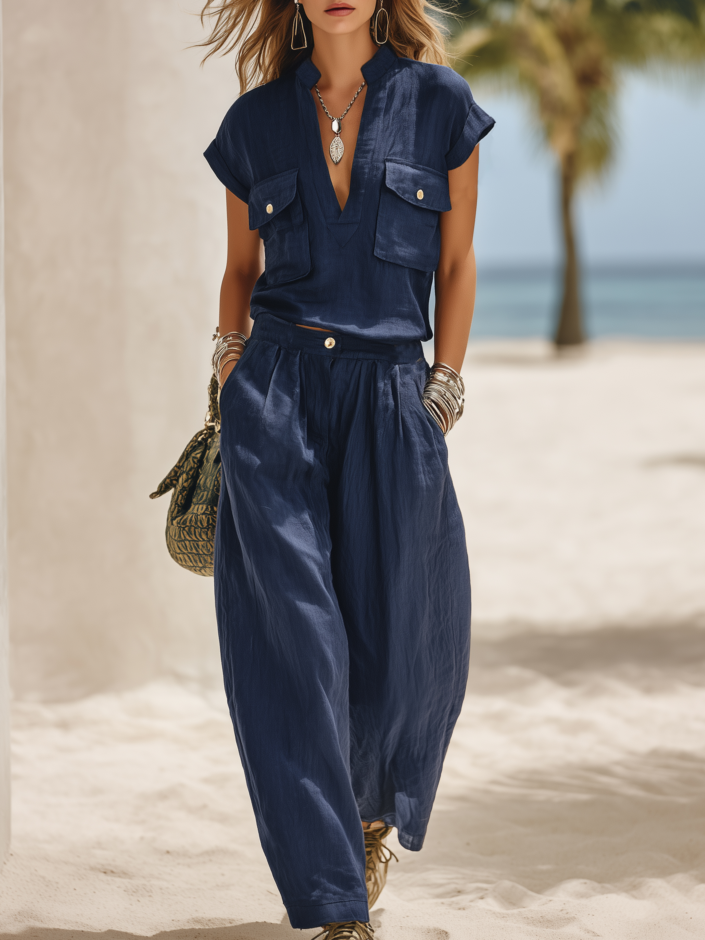 Casual And Relaxed Vacation Style Navy Blue Cotton Linen V-neck Top And Wide-leg Pants Set
