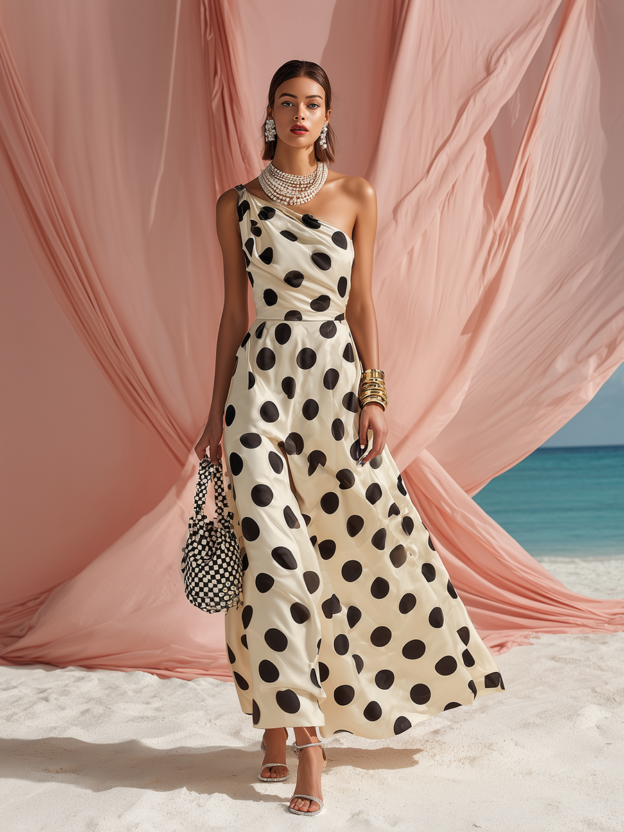 Classic Elegant One-Shoulder Polka Dot Satin Maxi Dress
