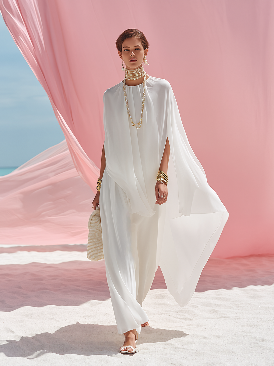Romantic And Elegant White Chiffon Shawl-Collar Maxi Dress