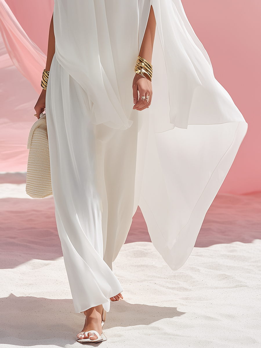Romantic And Elegant White Chiffon Shawl-Collar Maxi Dress