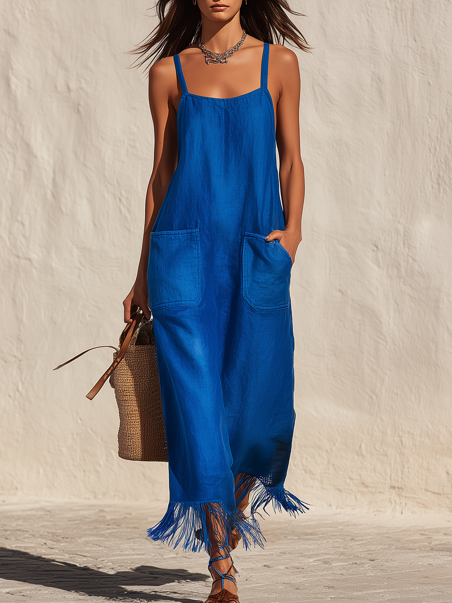 Minimalist Vacation-style Fringed Hem Linen Camisole Midi Dress