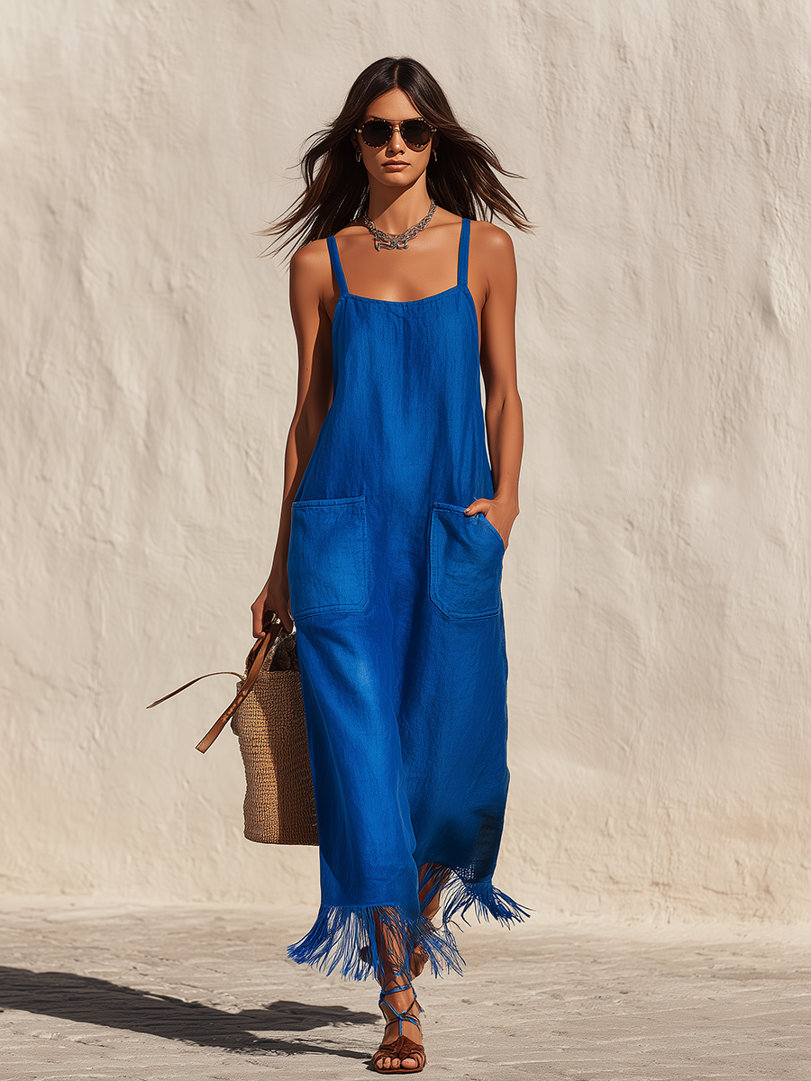 Minimalist Vacation-style Fringed Hem Linen Camisole Midi Dress