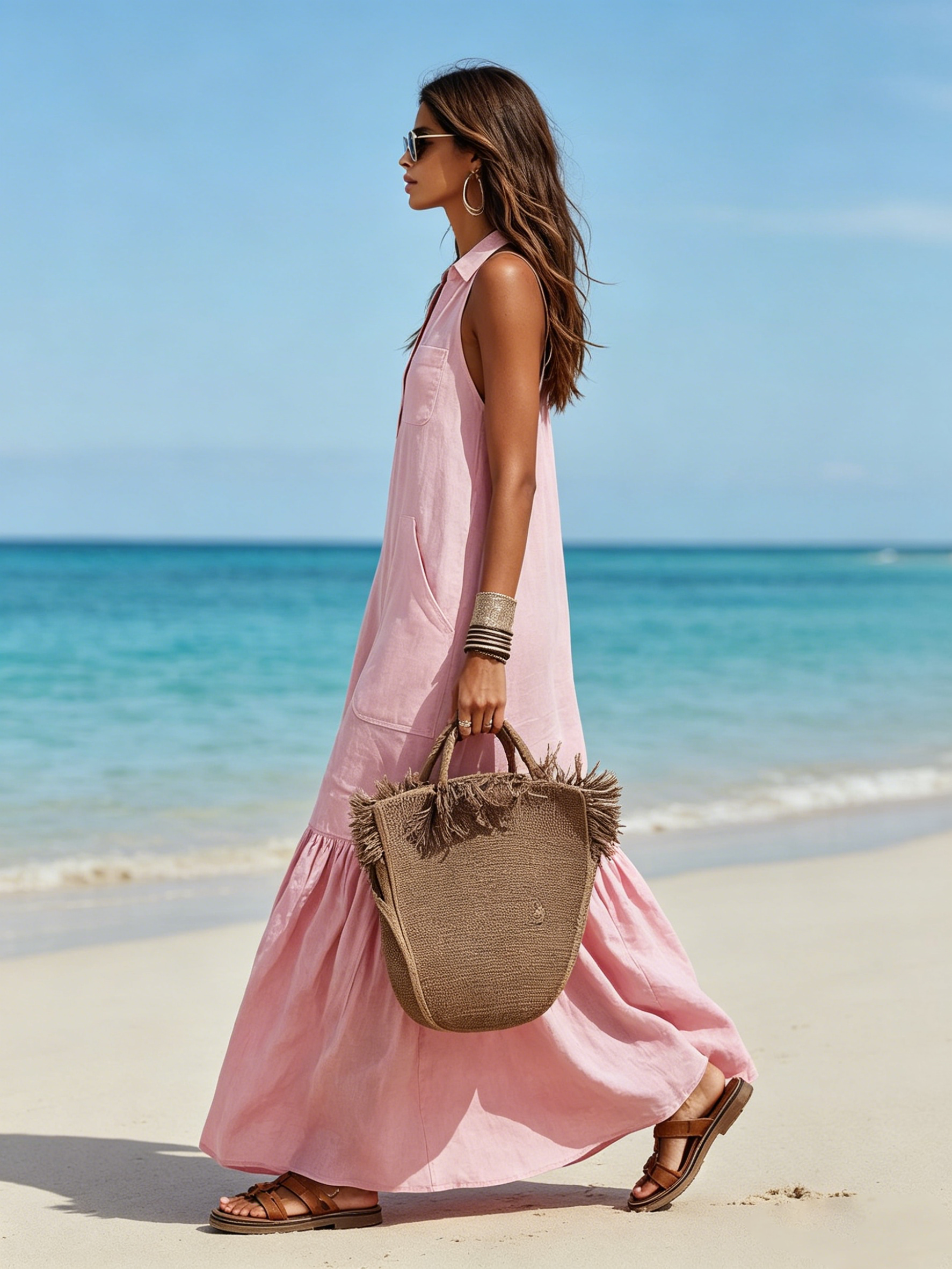 Vacation-Style Collared Sleeveless Solid-Color Maxi Dress