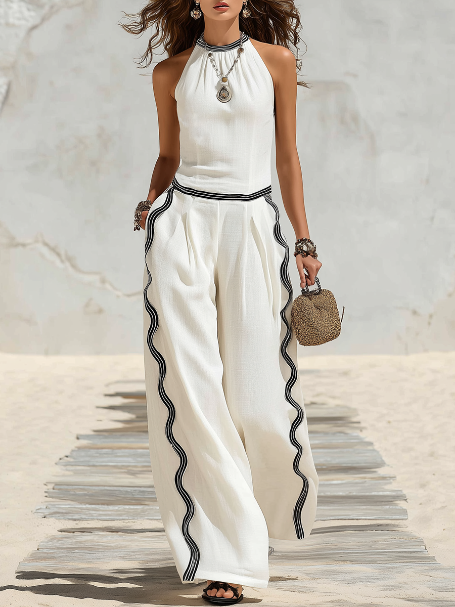 Vacation-Style Crew Neck Sleeveless Top And Pants Set