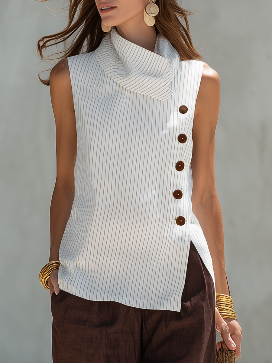 Vacation-style Asymmetric Neckline Striped Sleeveless Shirt