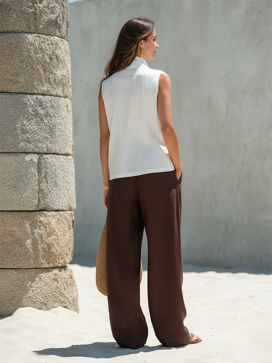 Resort-style Chocolate Brown Tencel Wide-leg Pants