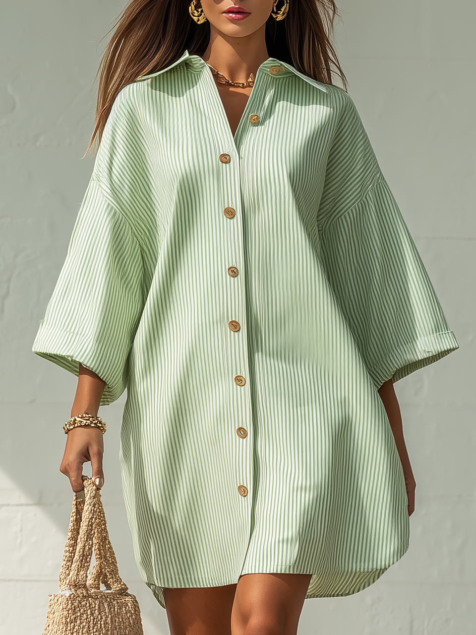 Cottagecore Mint Green & White Striped Oversize Shirt Midi Dress