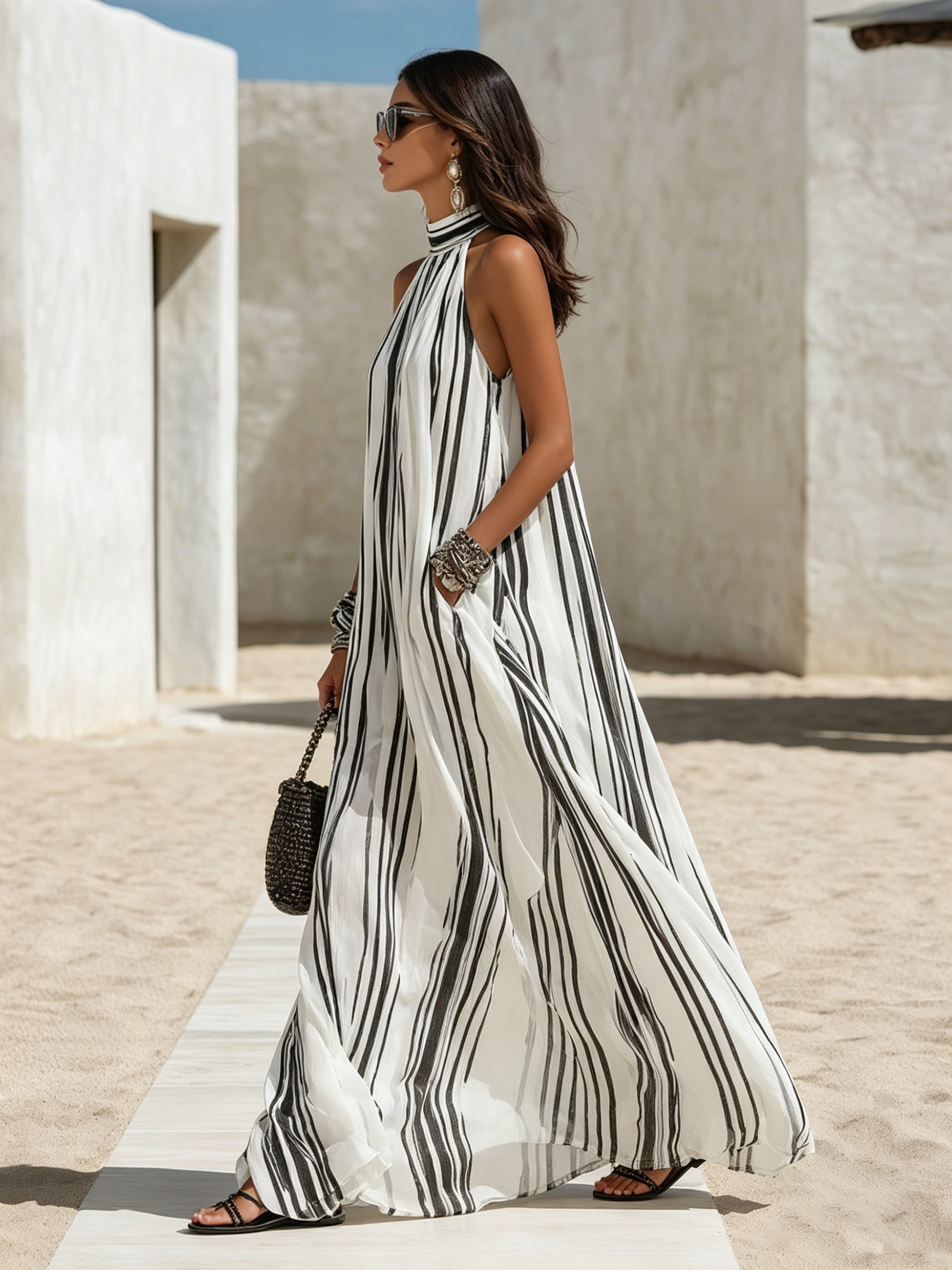 Resort Style Sleeveless Striped Print Chiffon Maxi Dress