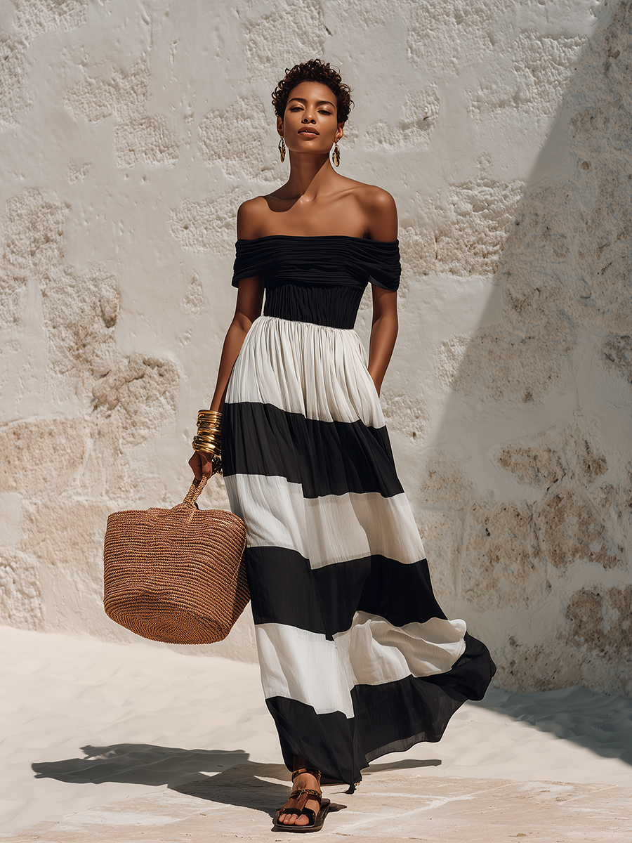 Chic Vacation Off-Shoulder Black And White Striped Chiffon Maxi Dress