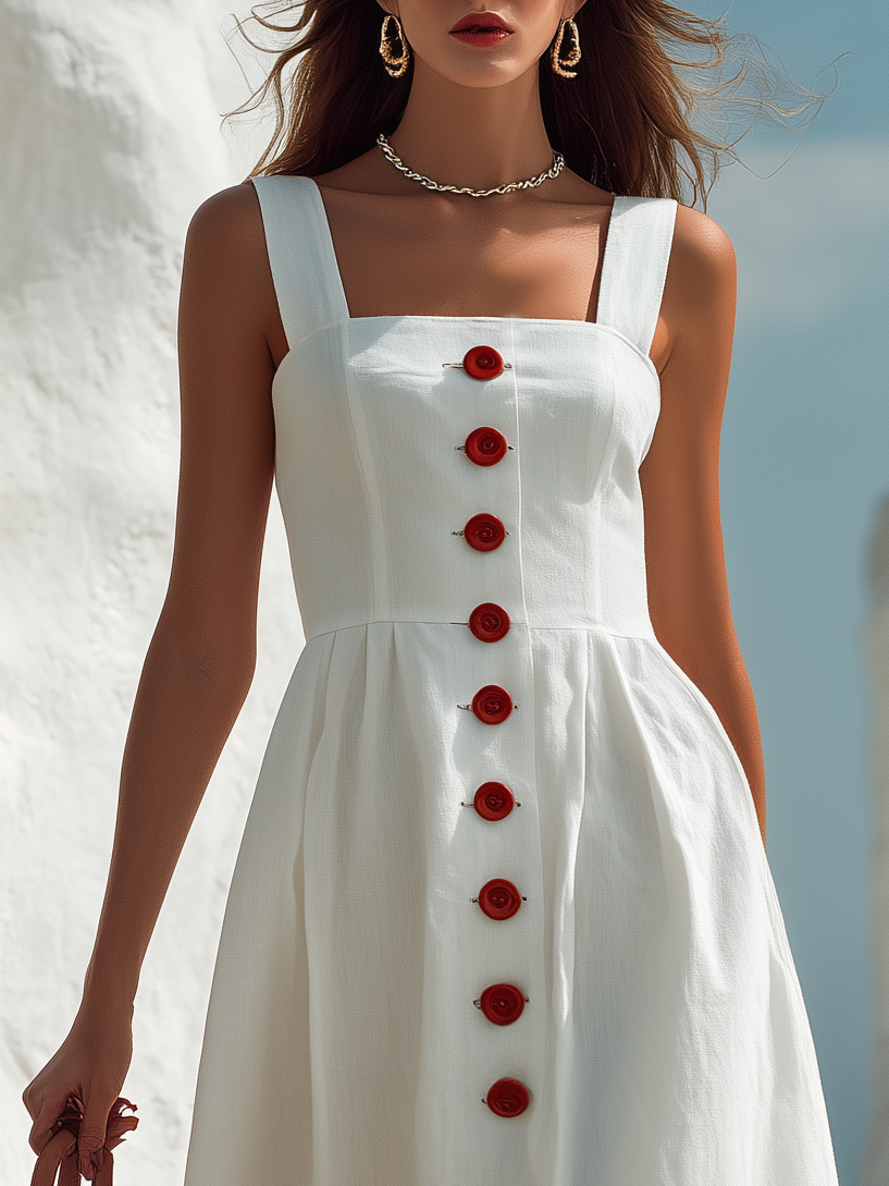 CAPRI VIBE White Linen Blend Button-Front Midi Sundress