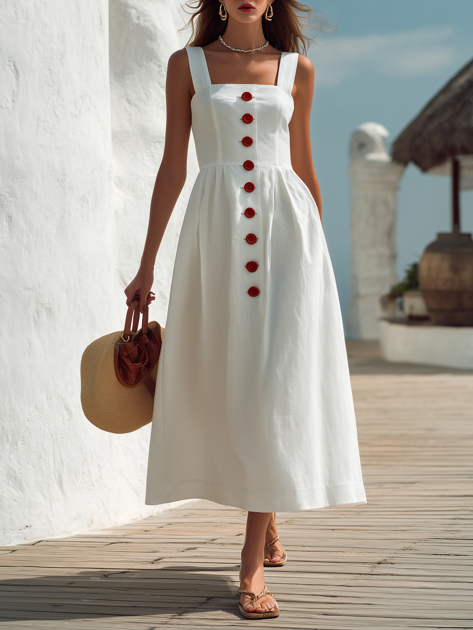 CAPRI VIBE White Linen Blend Button-Front Midi Sundress