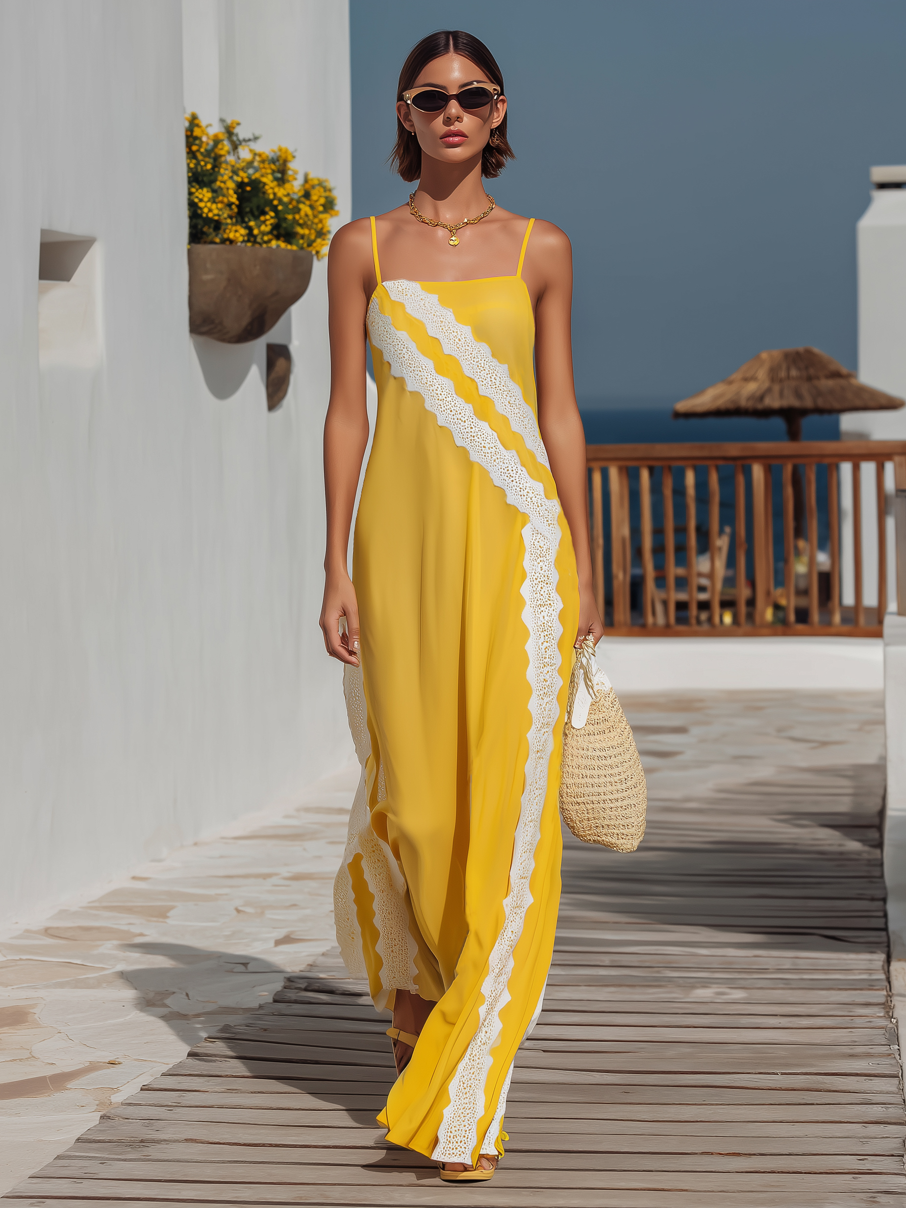 CAPRI VIBE Yellow Lace-Trimmed Slip Maxi Dress