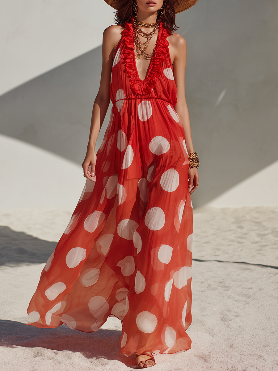 Chic Vacation V-Neck Ruffled Polka Dot Chiffon Maxi Dress