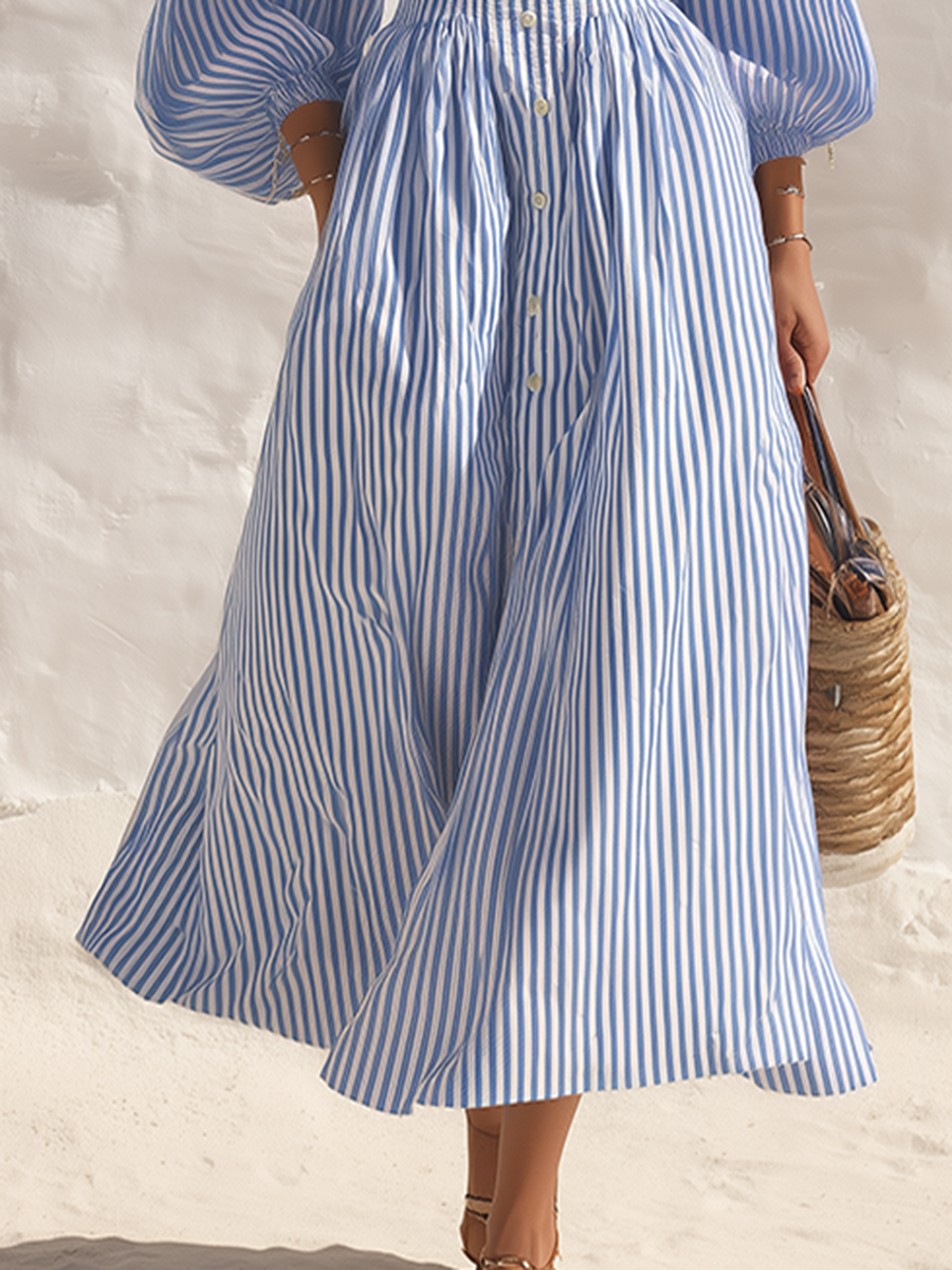 Coastal Chic Off-Shoulder Short-Sleeve Blue And White Striped Maxi Dress