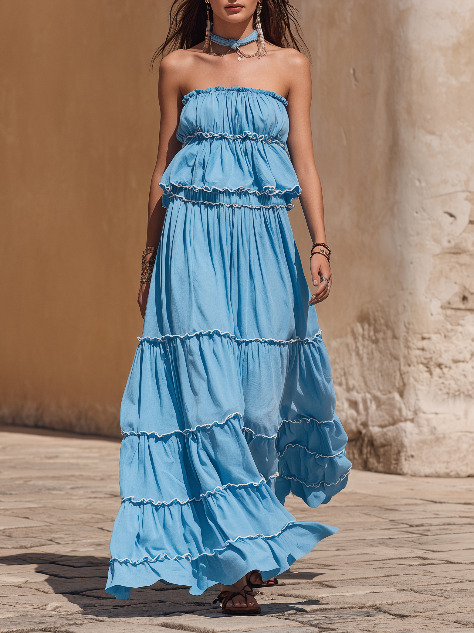 Capri Vibe Bright Blue Strapless Ruffle Tiered Top And Tiered Maxi Skirt Set