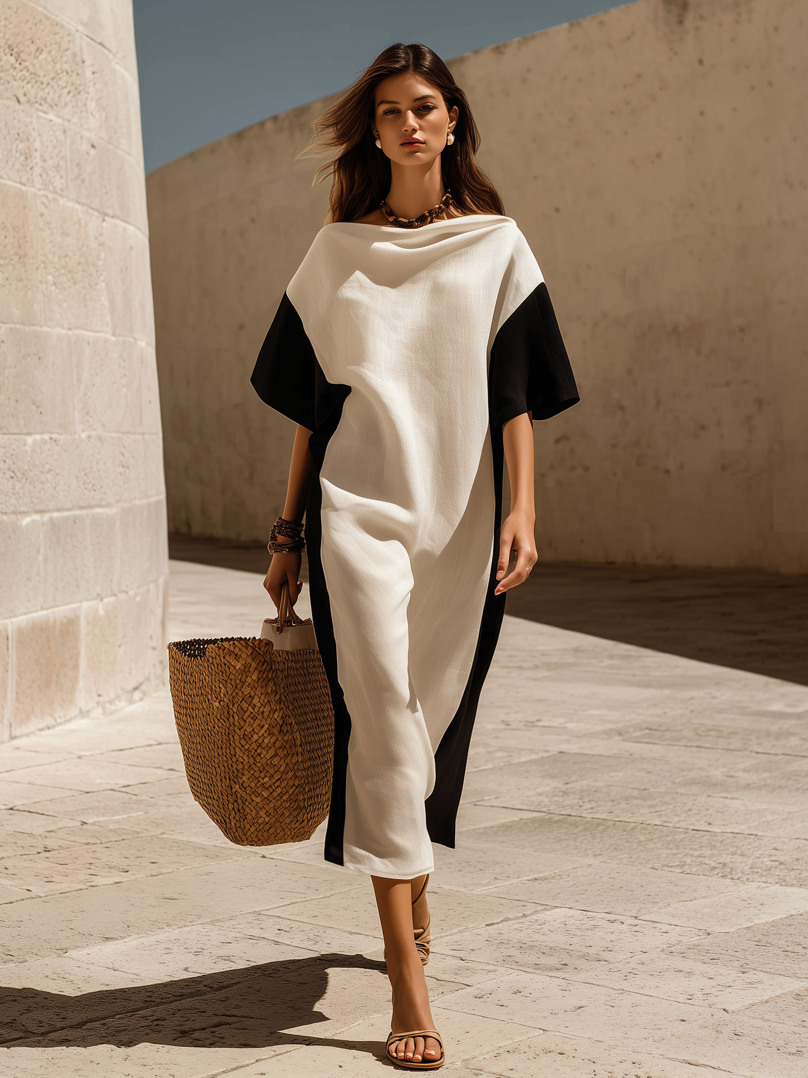 Minimalist Resort Linen Blend Black White Color Block Cowl Neck Short Sleeve Loose Midi Dress