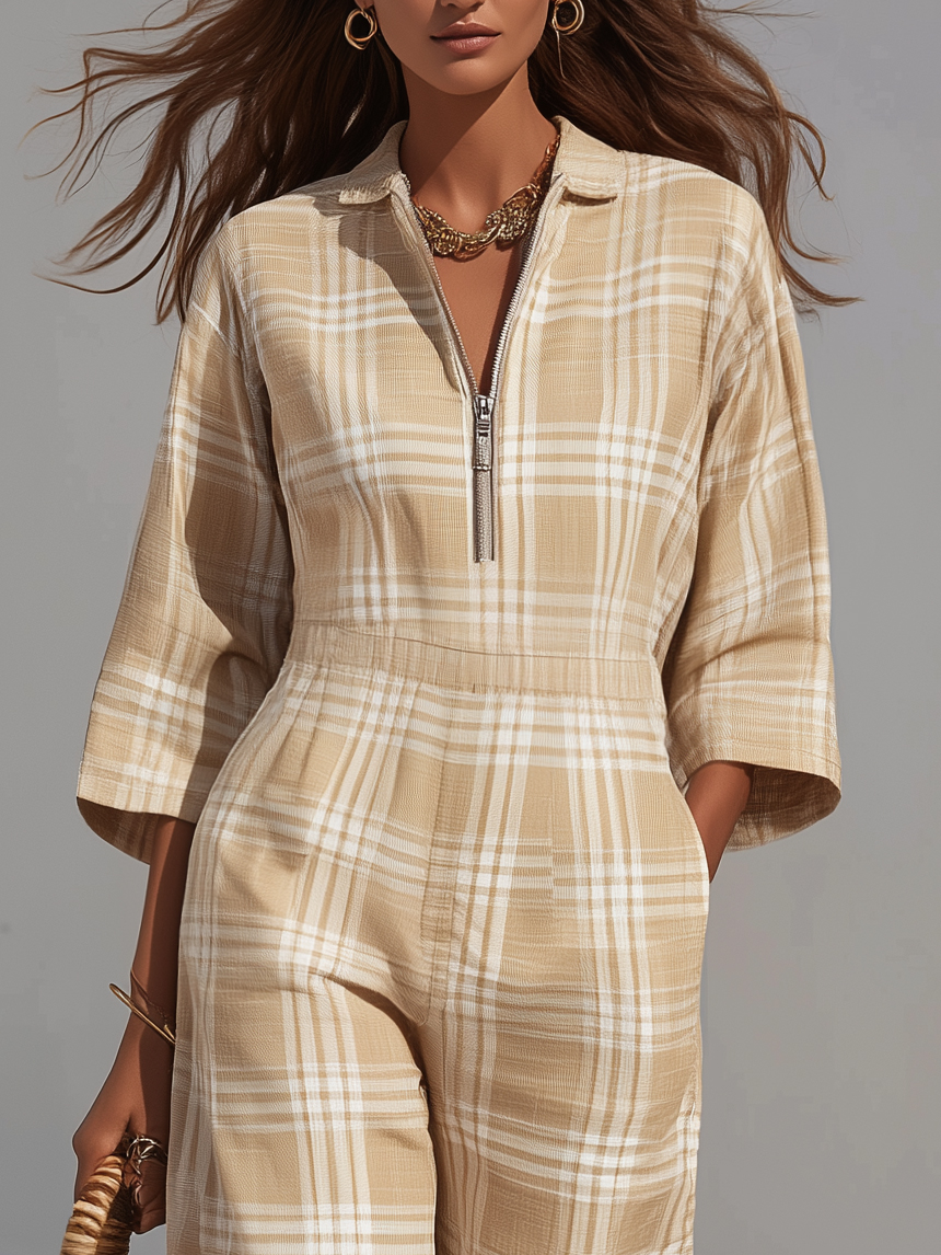 Neutral Resort Textured Linen Blend Beige Plaid Collar Zip Front Three Quarter Wide Leg Cropped Jumpsuit