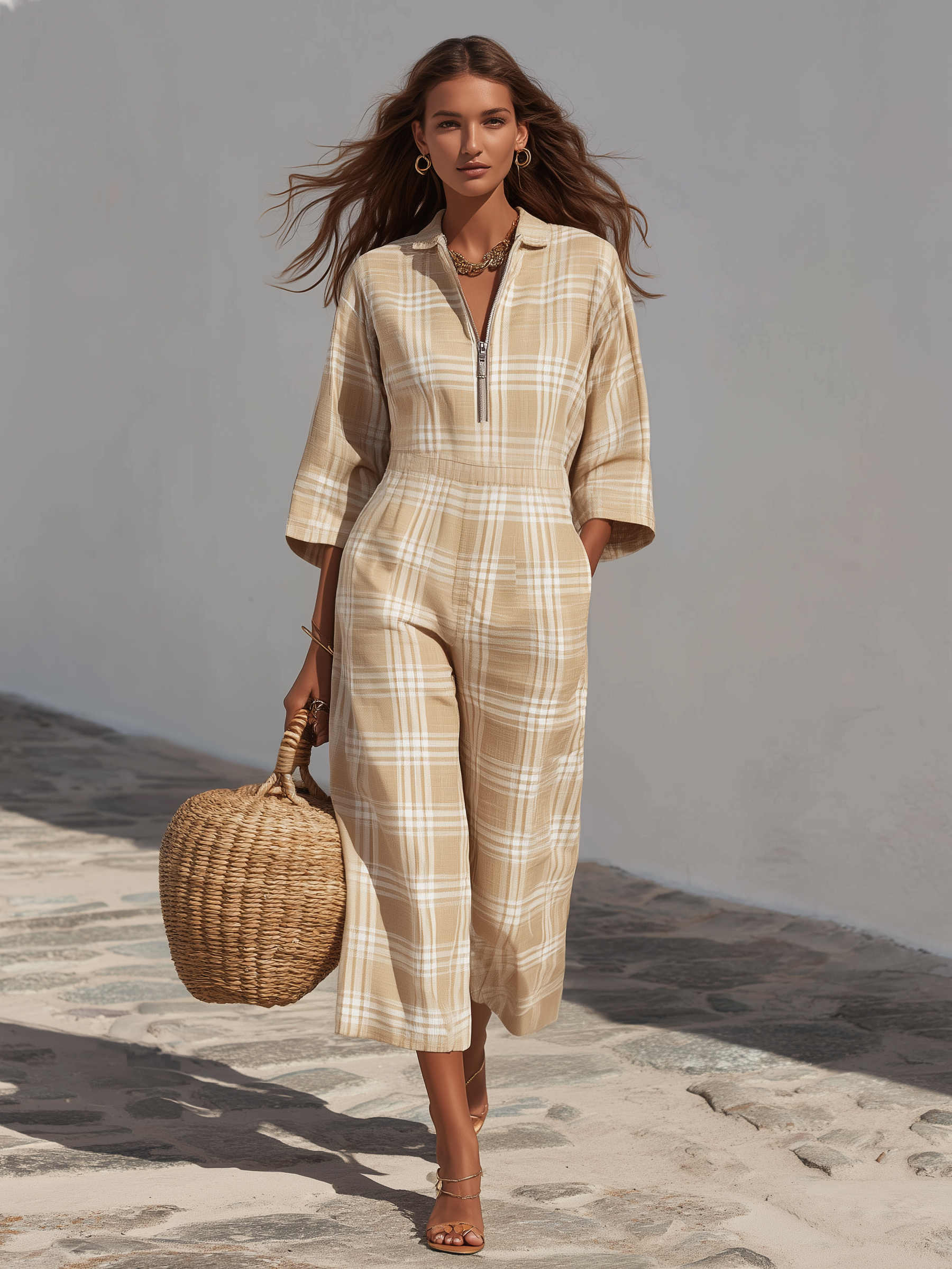 Neutral Resort Textured Linen Blend Beige Plaid Collar Zip Front Three Quarter Wide Leg Cropped Jumpsuit